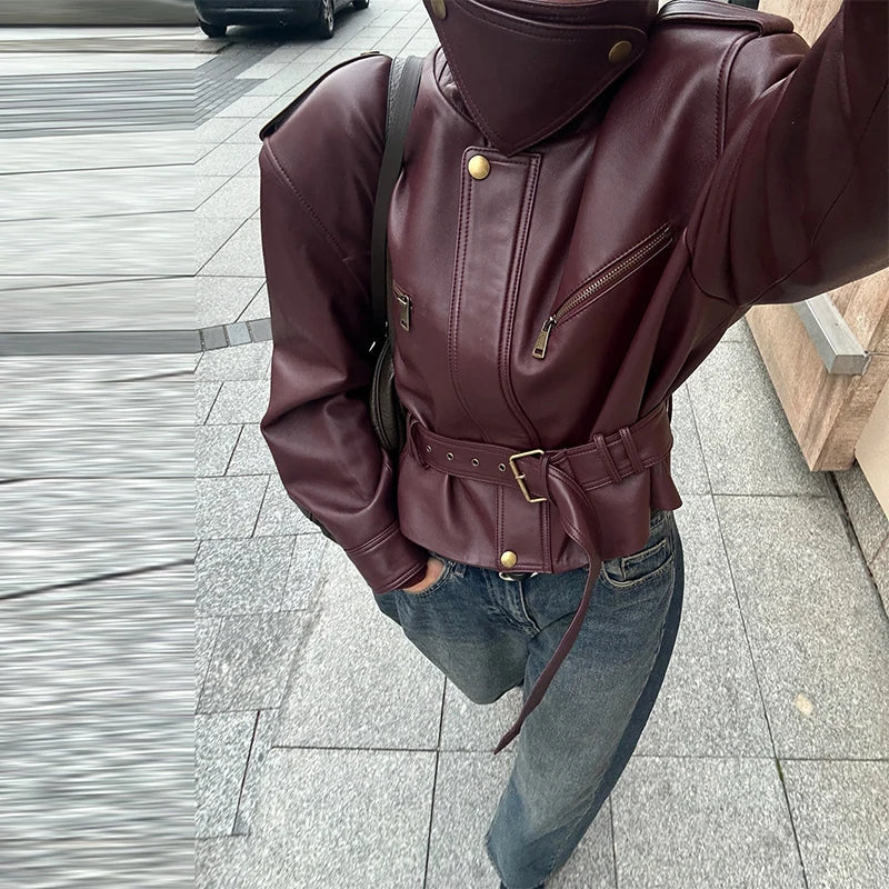 Vintage Fashion Elegant High Neck Leather Jacket 2025 New Exquisite Cinched Waist Short Coat High Street Faux Leather Clothes LadyShow.Store