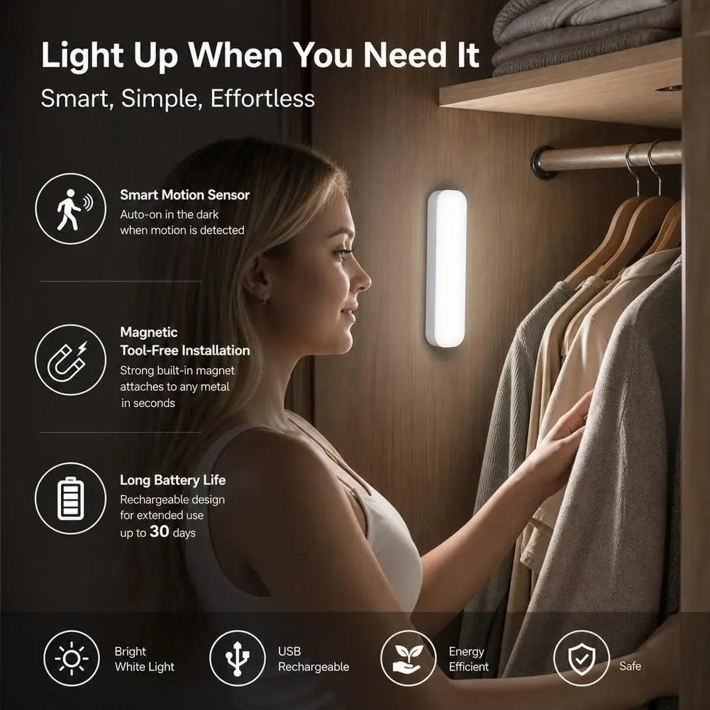 LED Motion Sensor Night Light USB Rechargeable Magnetic Under Cabinet Lighting Wireless Closet Lamp For Kitchen Wardrobe Pi-Mart