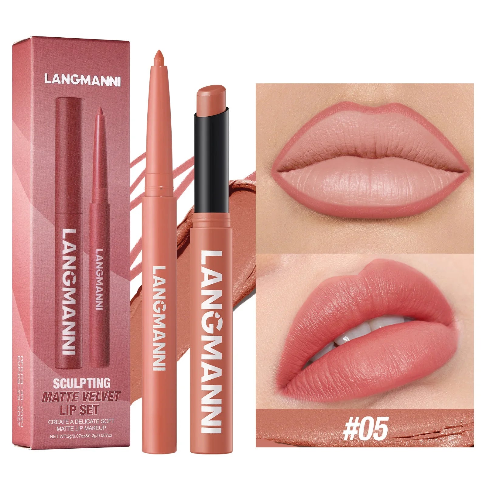 2Pcs/set Matte Soft Mist Slanted Mouth Lipstick + Lip Liner Set Combo Light Matte and Non-Drying Waterproof Non-Stick Lip Set LadyShow.Store