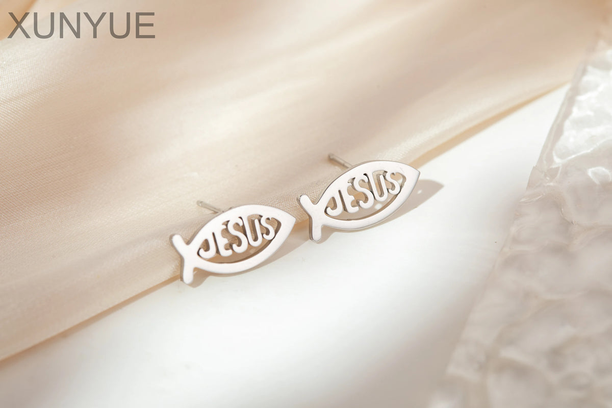 Vintage Stainless Steel Fish Shape JESUS Earrings Christian Symbol Jesus Ear Studs Fish Pendant For Unisex Pi-Mart