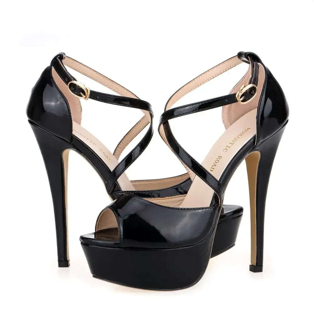 2026 Women Sandals 14CM Platform High Heels Sexy Ankle Strap Sandal Open Toe Stilettos Party Dress Wedding Shoes Plus Size 44 Pi-Mart