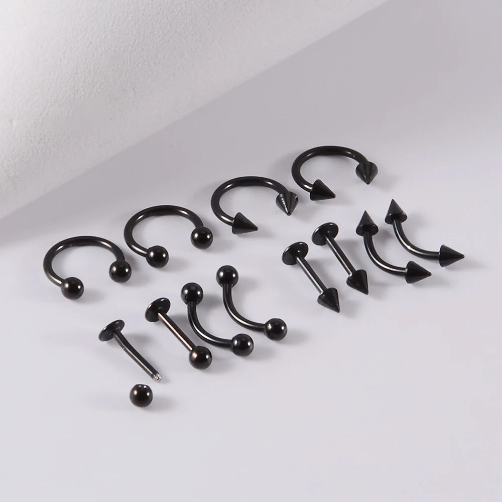 12pcs/Set Surgical Steel Silver Color Gold Plated Black Rainbow Ear Nose Eyebrow Labret Basic Piercing Jewelry Set 8mm Pi-Mart