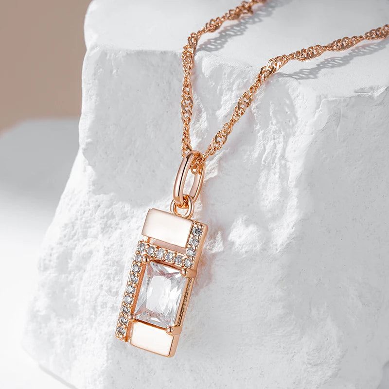 Kinel Classic Square Pendant Necklace For Women 585 Rose Gold Color With Natural Zircon Accessories Simple Pendant Daily Jewelry Pi-Mart