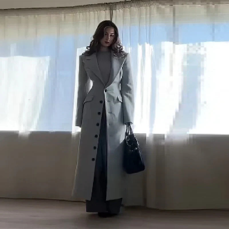 Women's Long Coat Slim V Neck Single Breasted Overcoats Shoulder Pad Maxi Jackets with Belt 2025 New Winter Lady Commute Outwear LadyShow.Store