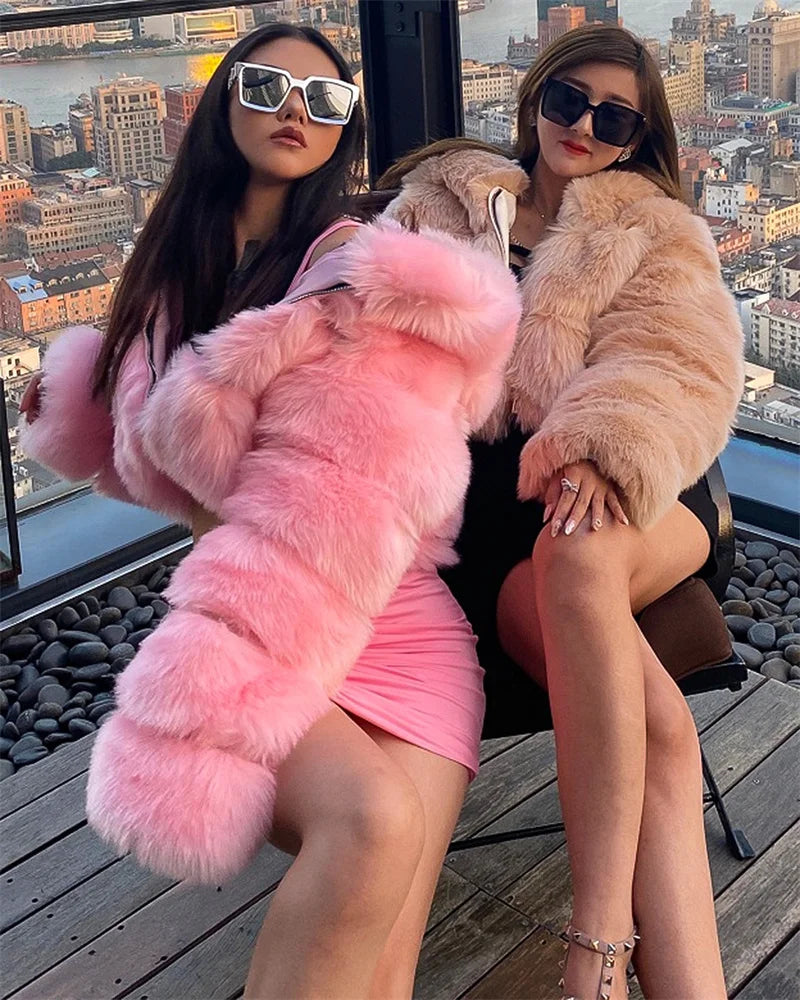 High Quality Furry Cropped Faux Fur Coats Jackets Women Fluffy Top With Hooded Winter Fur Jackets Fourrure Manteau Femme JH137 Pi-Mart