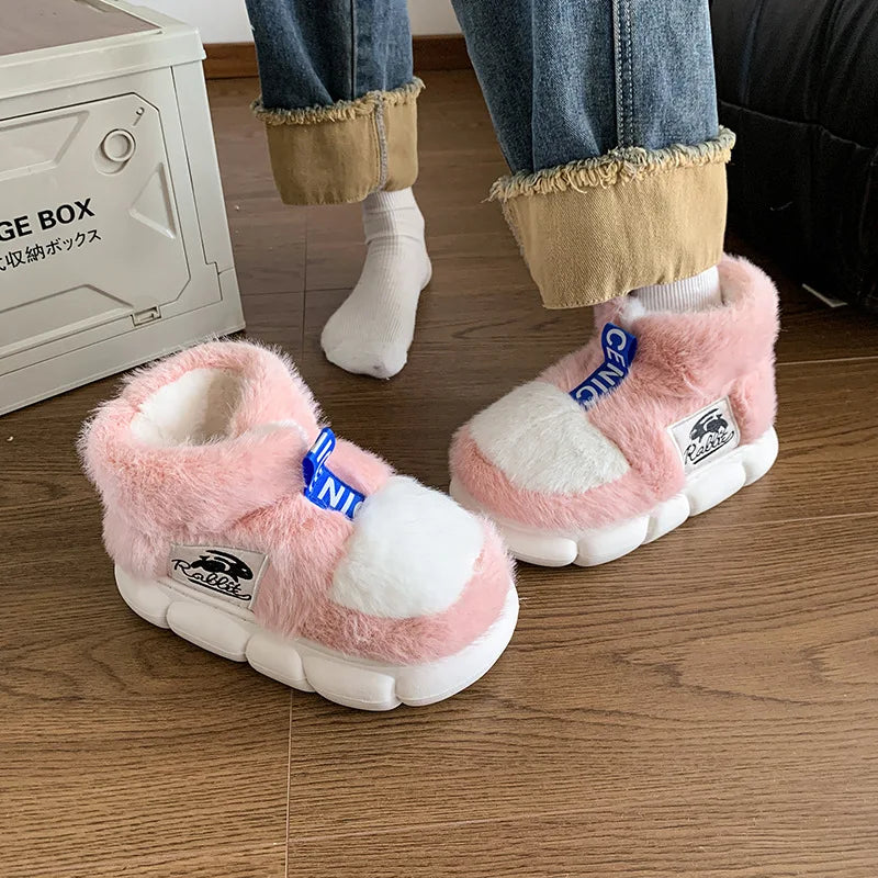 2025 Women's Winter Warm Shoes Plush Lining Indoor Slippers Couples Platform Heel High Top Snow Boots Female Male Home Slipper LadyShow.Store