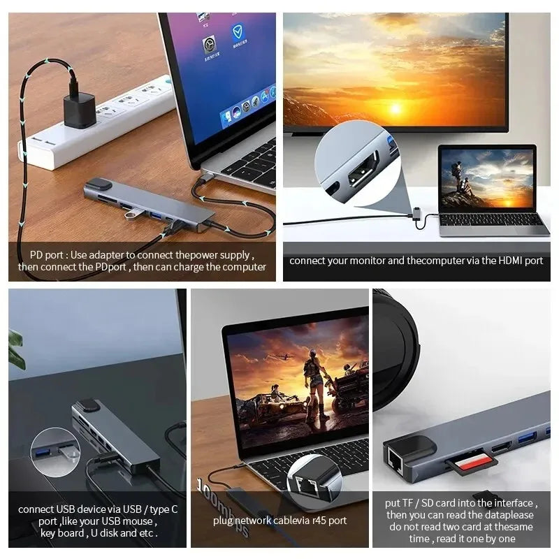 USB C Hub 8In1 7in2 7in1 Type C 3.1 To 4K HDMI Adapter with RJ45 SD/TF Card Reader PD Fast Charge for MacBook Notebook Laptop Pi-Mart
