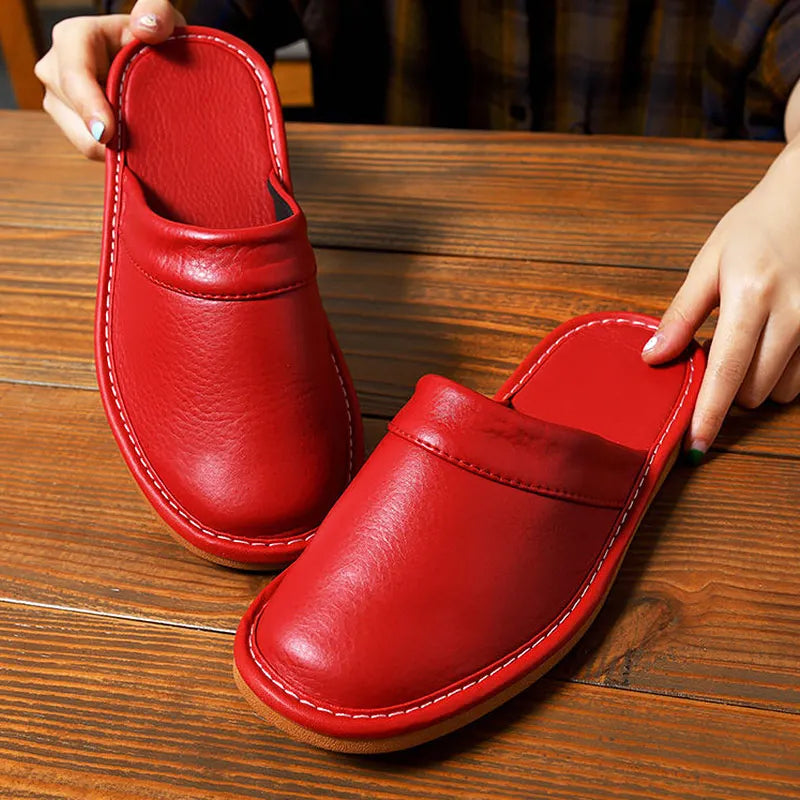 Luxury Men Leather Handmade Women Home Slippers Autumn Winter Plush Slip on Soft Black Brown Bedroom Indoor Flat Men Shoes Pi-Mart