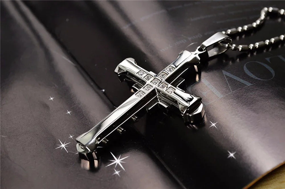 2024 New Male Crystal Cross Jesus Pendant Gold/Black/Blue Color Zirconia Cross Pendant Necklace Stainless Steel Jewelry Pi-Mart