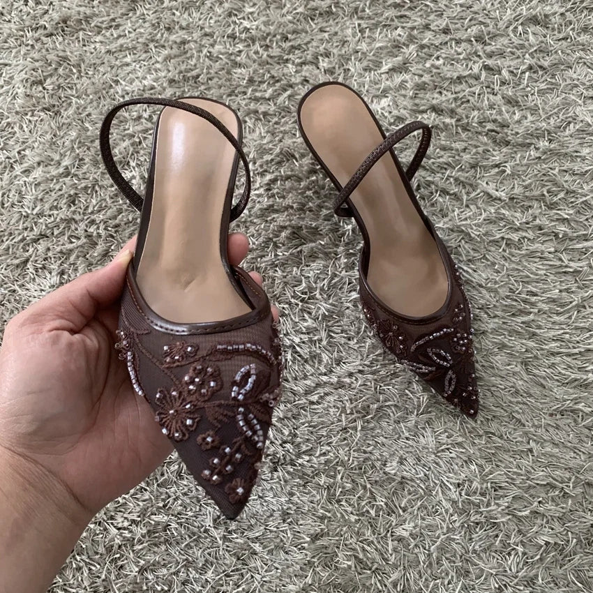 2026 String Bead Mesh Embroider Slingback High Heels Women Sexy Pointed Toe Heeled Sandals Summer Elegant Luxury Designer Shoes LadyShow.Store
