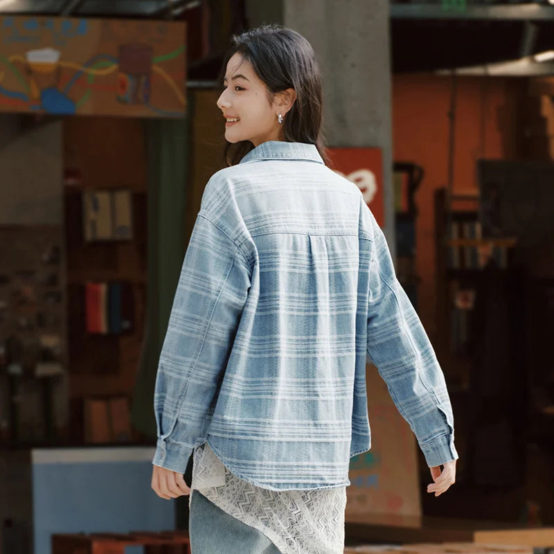 Semir Denim Shirt Women Oversize Spring 2025 New Spring Checkered Blouse Plaid Jacket LadyShow.Store