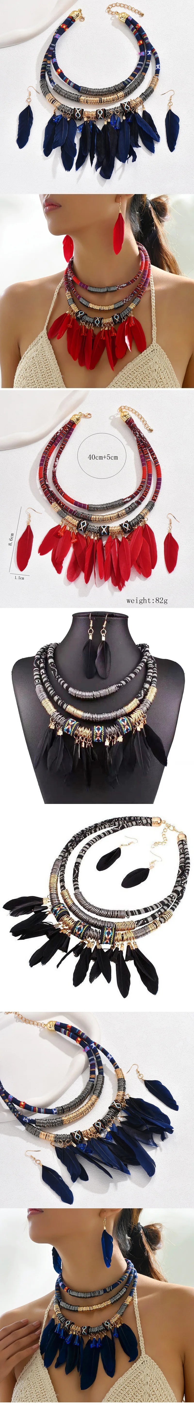 Fashion Vintage Ethnic Feather Choker Necklace Earrings Set For Women Multilayer Nekclace Earrings Jewelry Sets Pi-Mart