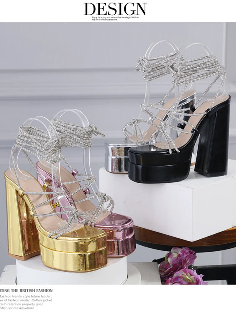 MM2025 New Arrival Rhinestone Embellished Knot T-Strap Heels Roman Peep-toe Summer Sandals Shiny Perfomance Anniversary Footwear Pi-Mart