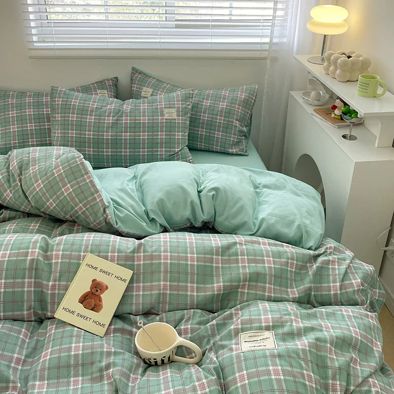Plaid Style Bedding Set Skin-friendly Quilt Cover Pillowcase Bedsheet Home Bed Linen Sets Single/Full/Queen/King Size Bedclothes LadyShow.Store
