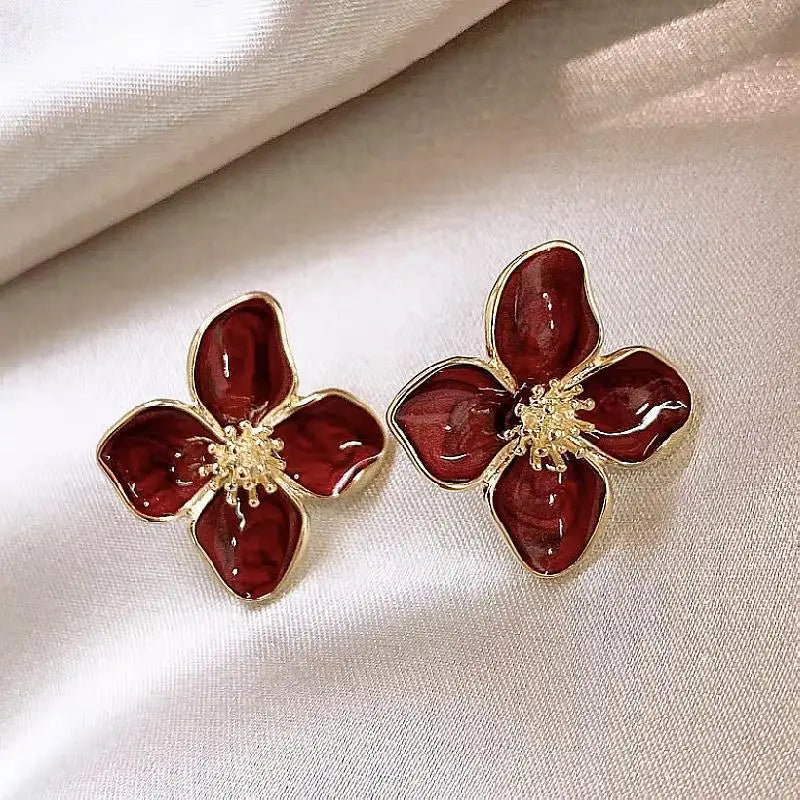 Fashion Korean Women Retro Drip Glaze Red Flower Earrings Women for Delicate Earrings Luxury Couple Engagement Jewelry Gift Pi-Mart