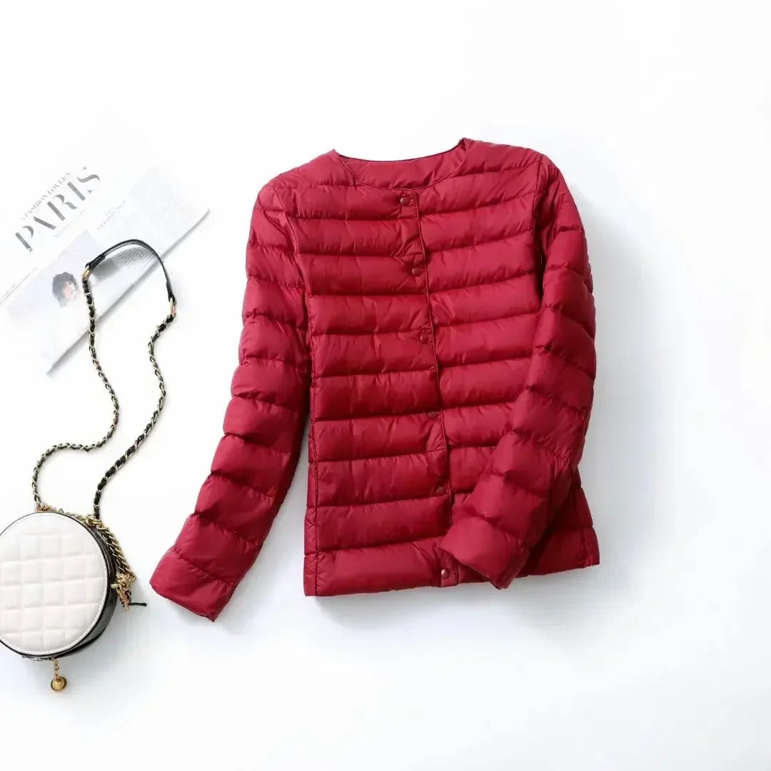 New Female Light Down Coat Women Liner Duck Down Jacket O-neck Variable V-neck 2024 Fall Collarless Light Quilted Puffer Coat LadyShow.Store