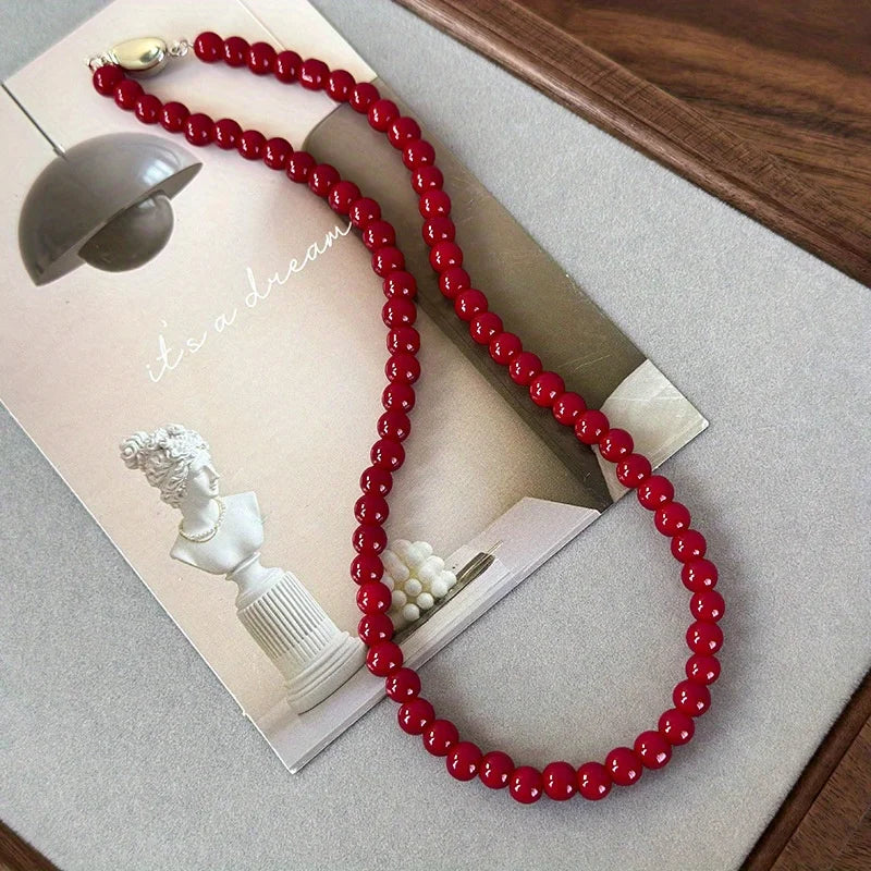 Handmade Vintage Chinese Style Glass Bead Necklace with Antique Red Glass Beads and Gold Coin Closure, Versatile Neckpiece Pi-Mart