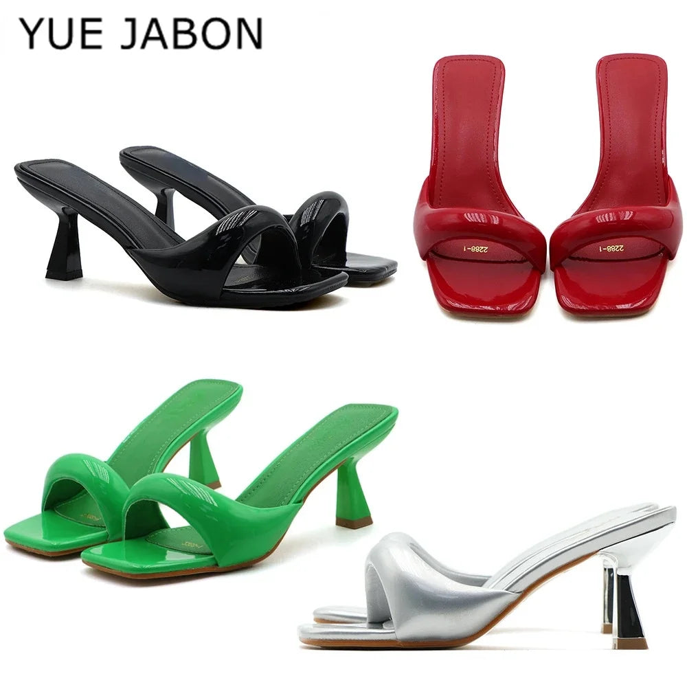 Black Red High Heel Slippers Women Open Toe Slingback Sandals Female Pumps Square Toe Summer Simple Designer Heeled Sandals LadyShow.Store