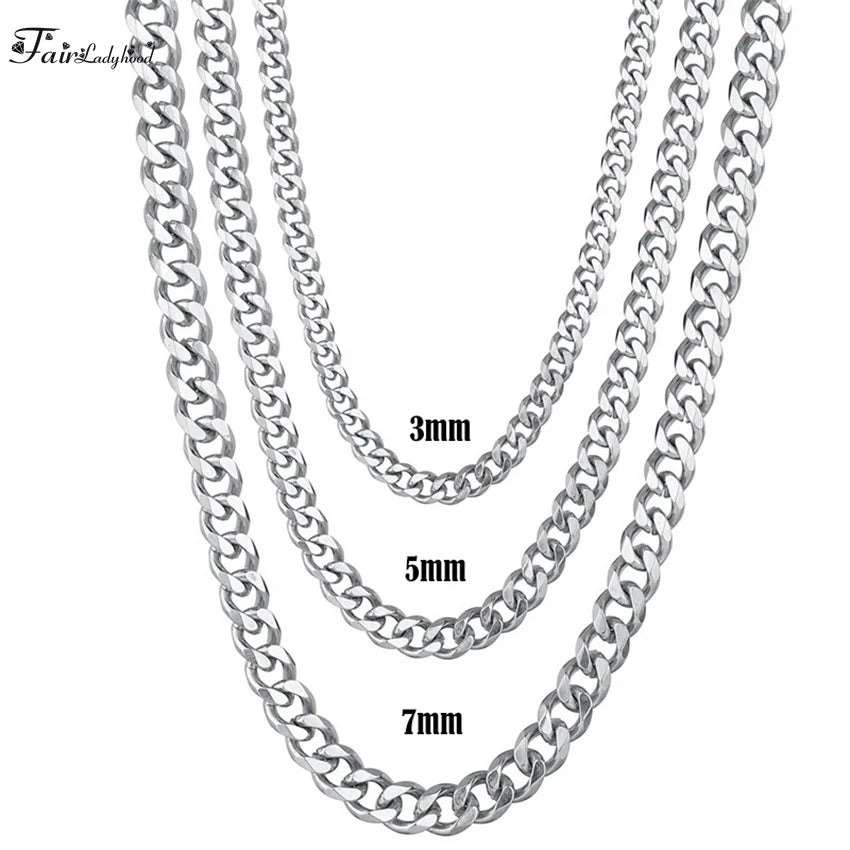 1 piece Size 3.6mm-9mm Men's Necklace Stainless Steel Cuban Link Chain Bracelet Necklace Steel Color Male Jewelry Pi-Mart