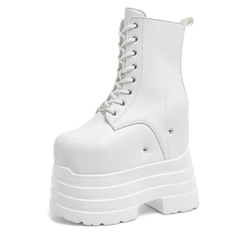 Height Increasing Women's High Boots Black Leather Thick Bottom Platform Shoes Side Zip Gothic Punk Short Boots Street Style LadyShow.Store