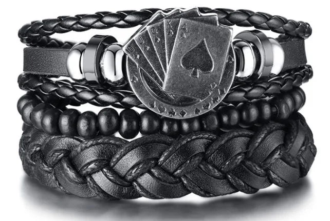 4Pcs/ Set Braided Wrap Leather Bracelets for Men Vintage Life Tree Rudder Charm Wood Beads Ethnic Tribal Wristband Rope Bracelet Pi-Mart