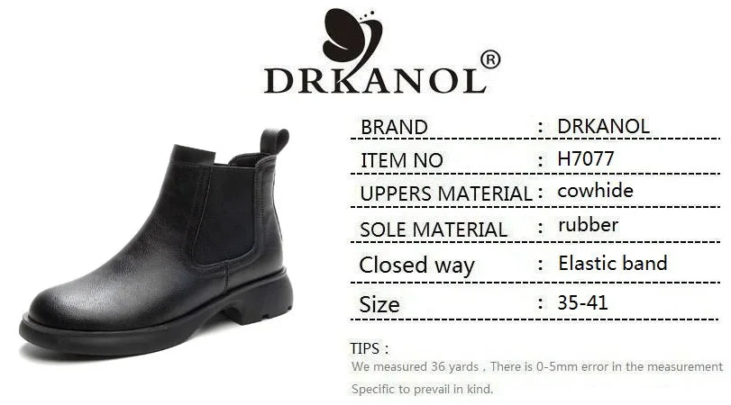 DRKANOL Fashion Women Thick Heel Ankle Boots Autumn Winter Warm Shoes Round Toe Real Cowhide British Style Slip On Chimney Boots Pi-Mart