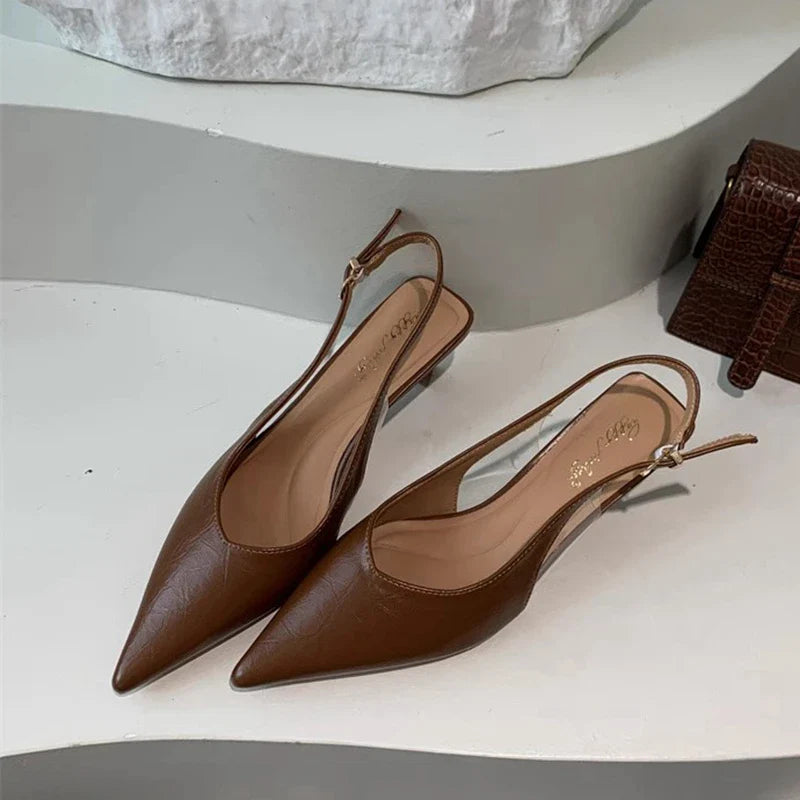 SUOJIALUN Summer New Women Sandal Fashion Pointed Toe Shallow Slip On Ladies Elegant Slingback Shoes Thin Med Heel Dress Mules LadyShow.Store