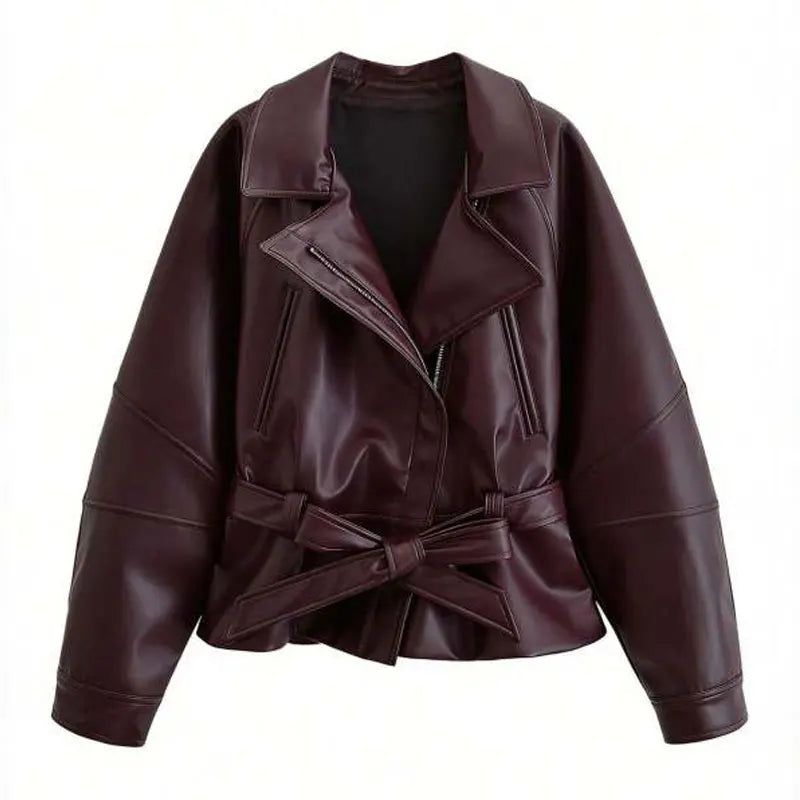 HH Women Fashion Black Short Faux Leather Trench Coat Long Sleeve Lapel Jacket With Belt Vintage Lady Motorcycle Jacket Outwear LadyShow.Store