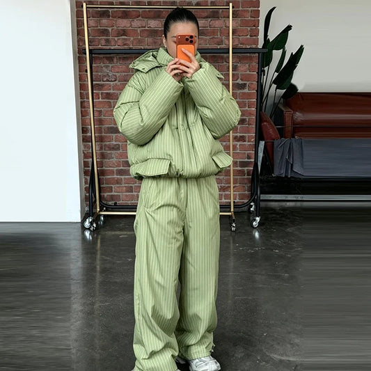 Women's Striped Puffer Jacket Two Piece Set Detachable Hood Cropped Puffer Coat Wide Leg Pants Outfit 2026 Winter Casual Coats LadyShow.Store