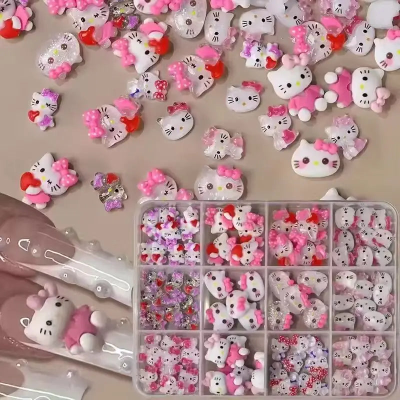 120PCS Box Mixed Hello Kitty 3D Nail Charms Cute Cartoon Resin Ornaments Kawaii DIY Nail Art Manicure Decor Accessories Pi-Mart