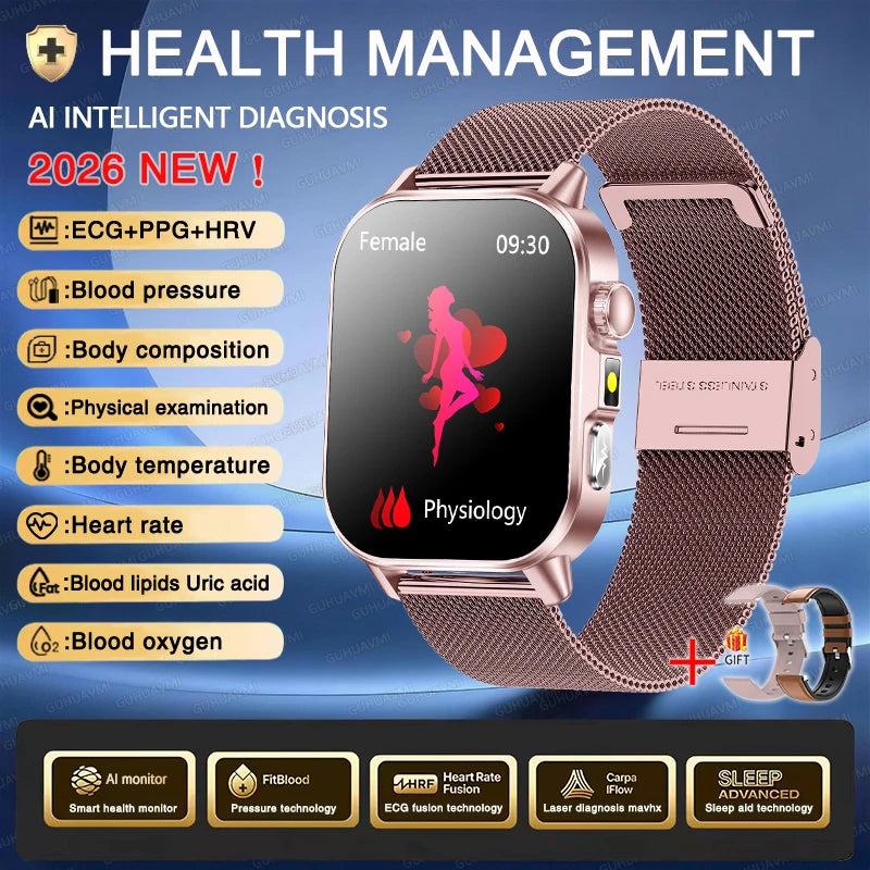 New Men Accurate Health Diagnosis ECG Smart Watch Blood Pressure Blood Oxygen Blood Fat Uric Acid Temp Bluetooth call Smartwatch Pi-Mart