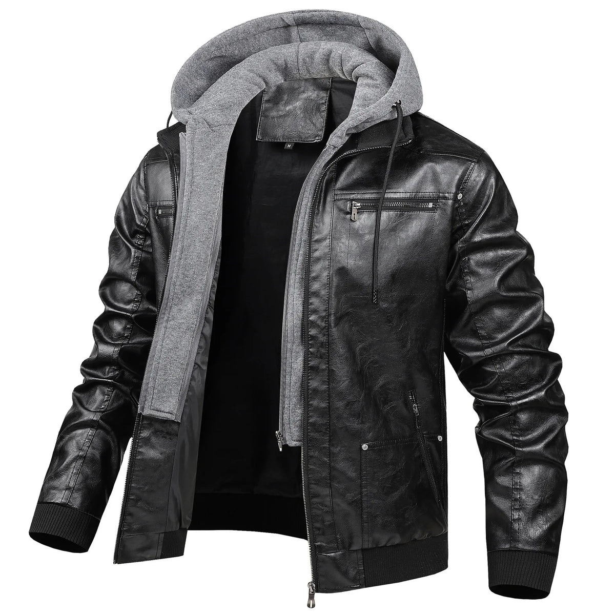 US Size Luxury Quality PU Jacket Men New Winter Faux Two-Piece Hooded Leather Jacket Casual Coat Pi-Mart