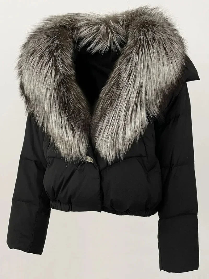 Down Jacket Women Short Puffer Jacket Thick New Big Natural Real Fox Fur Coat  Autumn Winter Female White Duck Down Coat Feather LadyShow.Store