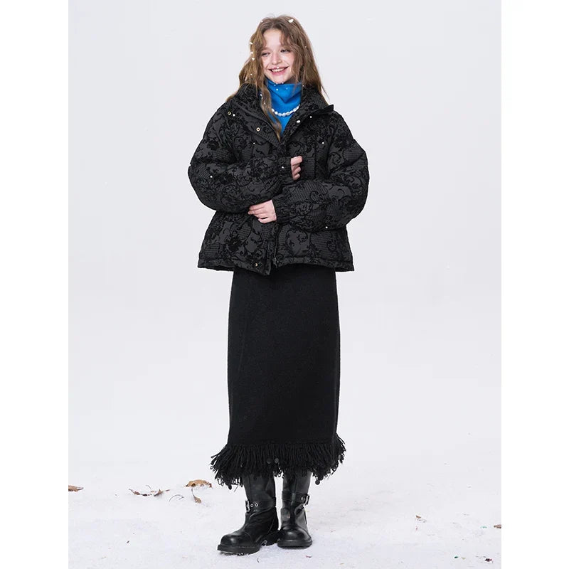 ELFSACK 2025 Puffy Down Coat Women Jacquard Embroidery Waist Gathered Gothic Royal Vintage Y2K Winter Long Puffer Jacket LadyShow.Store