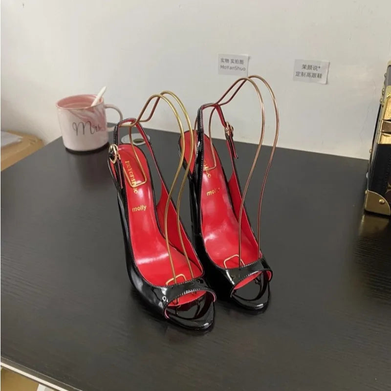 Black Fish Mouth Open toed Ultra High Heels 12cm Rear Tripstrap Thin Heel European and American Sexy Women's Large Sandals Pi-Mart