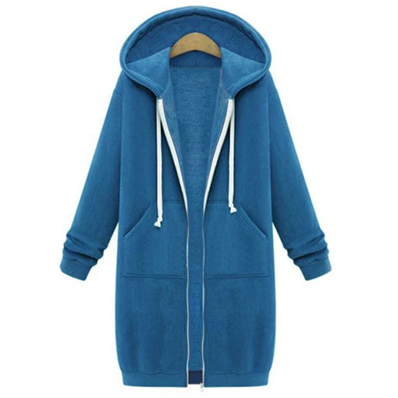 2024 Women's Autumn Winter ThickenHoodies Parkas Loose Hooded Jackets Zipper Pocket Maxi Size Sweatshirt Sports Dresses Outwear LadyShow.Store