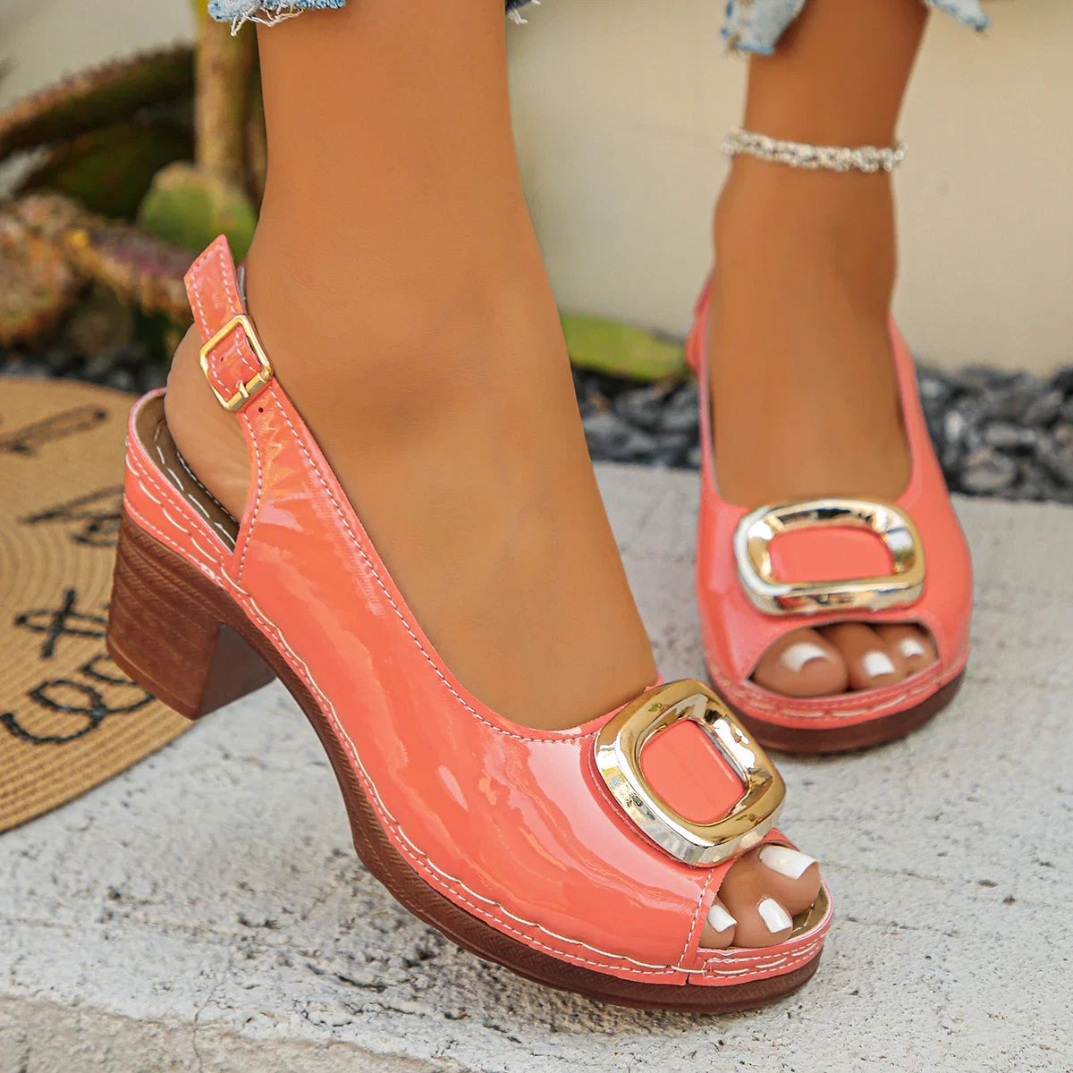 Sexy Patent Leather Thick High Heeled Sandals Women Metal Ring Peep Toe Platform Sandles Woman Back Strap Summer Snadalias Mujer LadyShow.Store