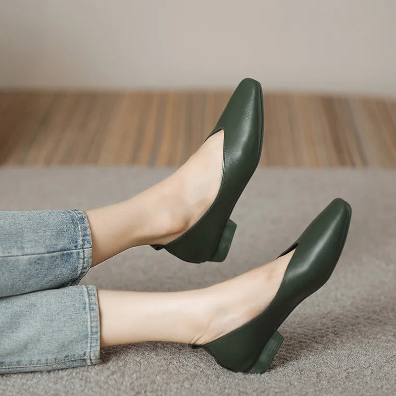 Woman Elegant Summer French Square Toe Green Mary Janes Cute Casual Flats Female Retro Shoes Low Heeled Soft Soled Flat Shoes LadyShow.Store