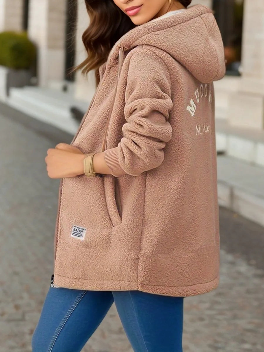 Women's Hooded Top  Winter Coat Thickened Fleece-lined Sweatshirt Cardigan Winter Trendy New Style Lamb Wool Jacket Ladies Pi-Mart