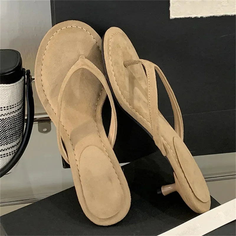 Aneikeh 2026 Fashion Thin Heels Slippers Women Round Clip Toe Slides Sandals Summer Flip Flops Female Shoes Mules Slides LadyShow.Store