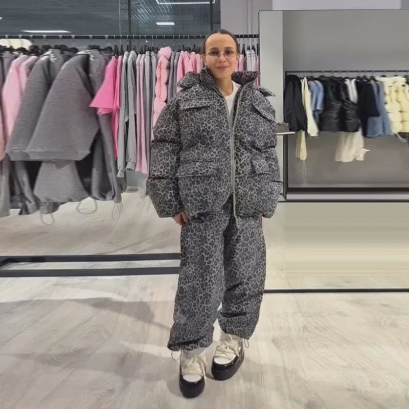 Chic Leopard Hooded Puffer Coat Set Women Quilted Full Sleeve Zip Jacket Wide Leg Pants 2026 New Lady Winter Thicken Warm Outfit Pi-Mart