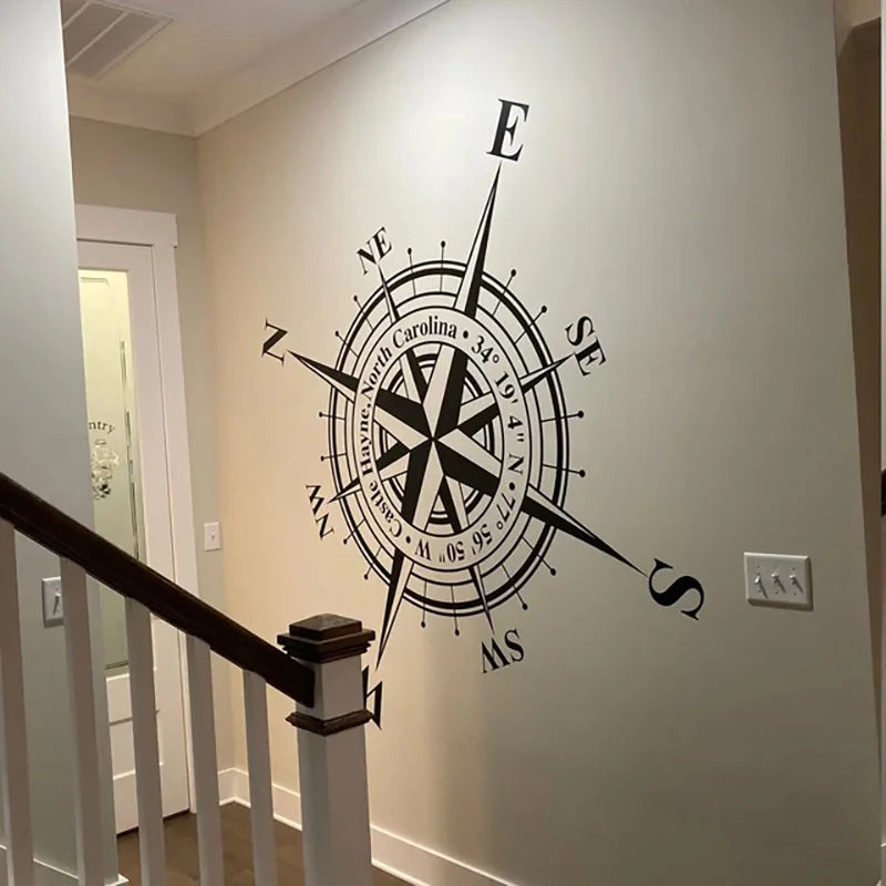 Customizable Compass Rose Wall or Ceiling Decal, Add Your Own Coordinates, Town, State or Family Name Nautical Home Decor AB37 LadyShow.Store