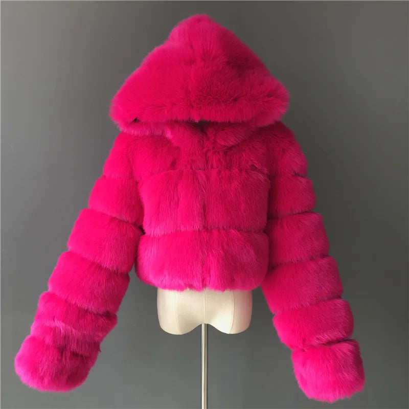 High Quality Furry Cropped Faux Fur Coats Jackets Women Fluffy Top With Hooded Winter Fur Jackets Fourrure Manteau Femme JH137 Pi-Mart