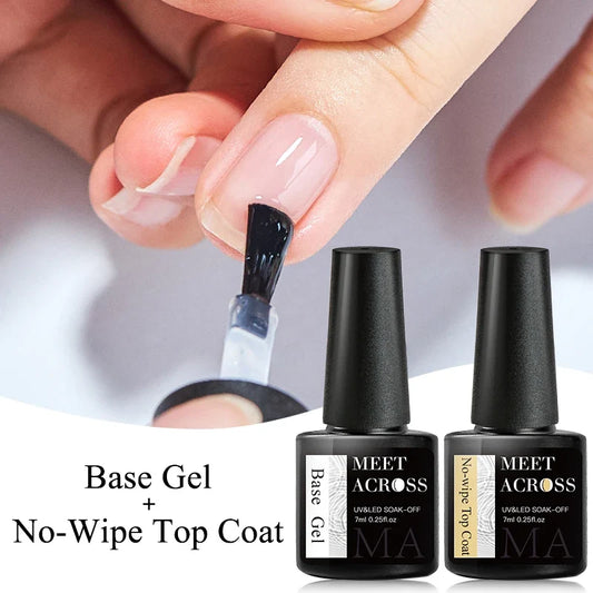 MEET ACROSS 7ml Base Top Coat Gel Polish Soak Off Semi Permanent UV Gel Nail Art Varnish Base Gel Top Coat Gel Varnish Manicure Tri Light Beauty