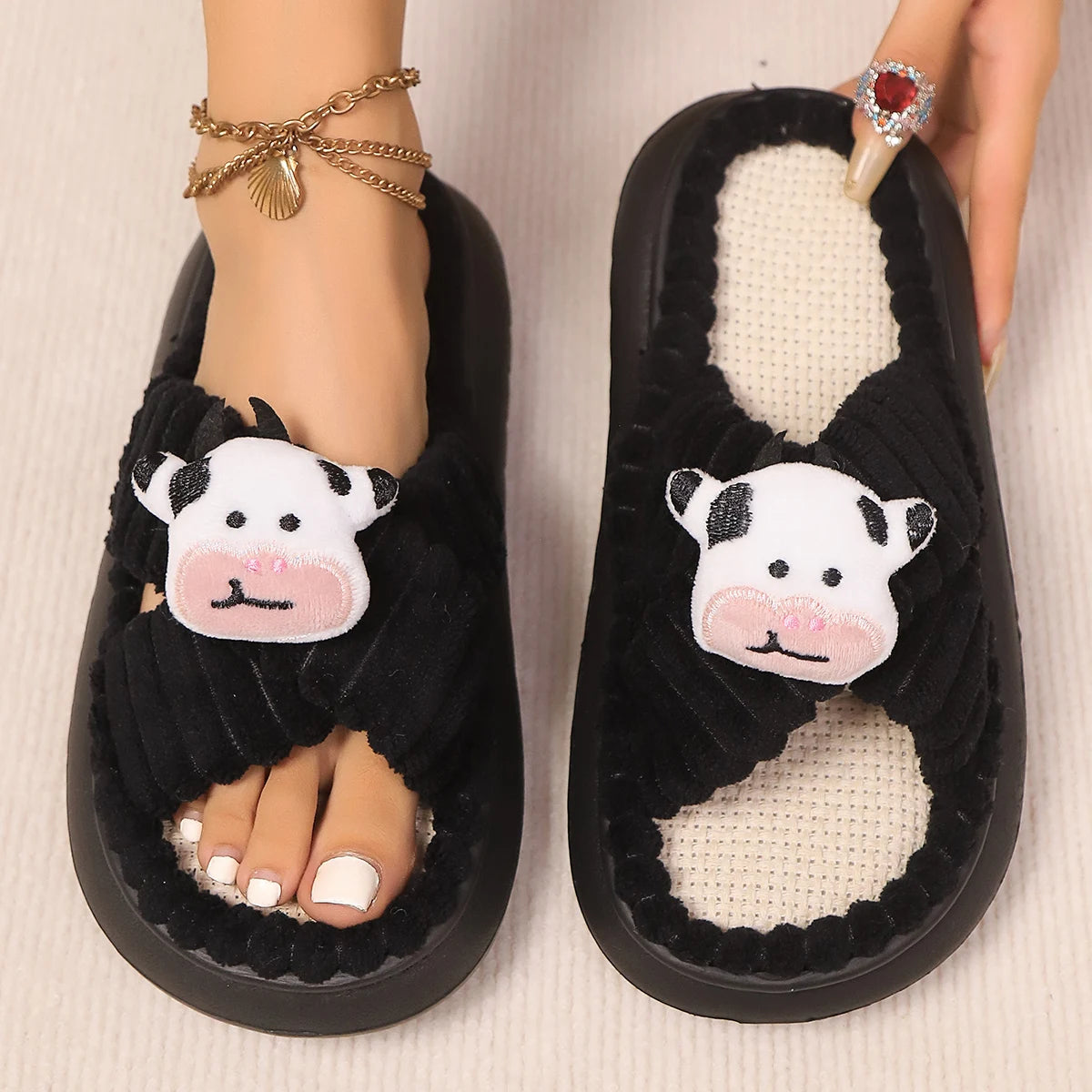 2024 Autumn Winter New Women Home Slippers Open-Toe Cross Band Linen Soled Indoor Slides Linen Soled Non-Slip Bathroom Slippers Pi-Mart