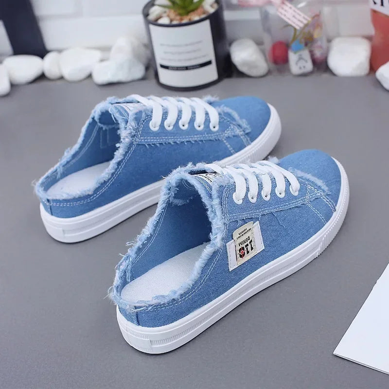 2024 Spring Summer Women Canvas Sneaker Low Top Denim Sneakers Ladies Lace-Up Flat Canvas Board Shoes Female Sapatos Femininos Pi-Mart
