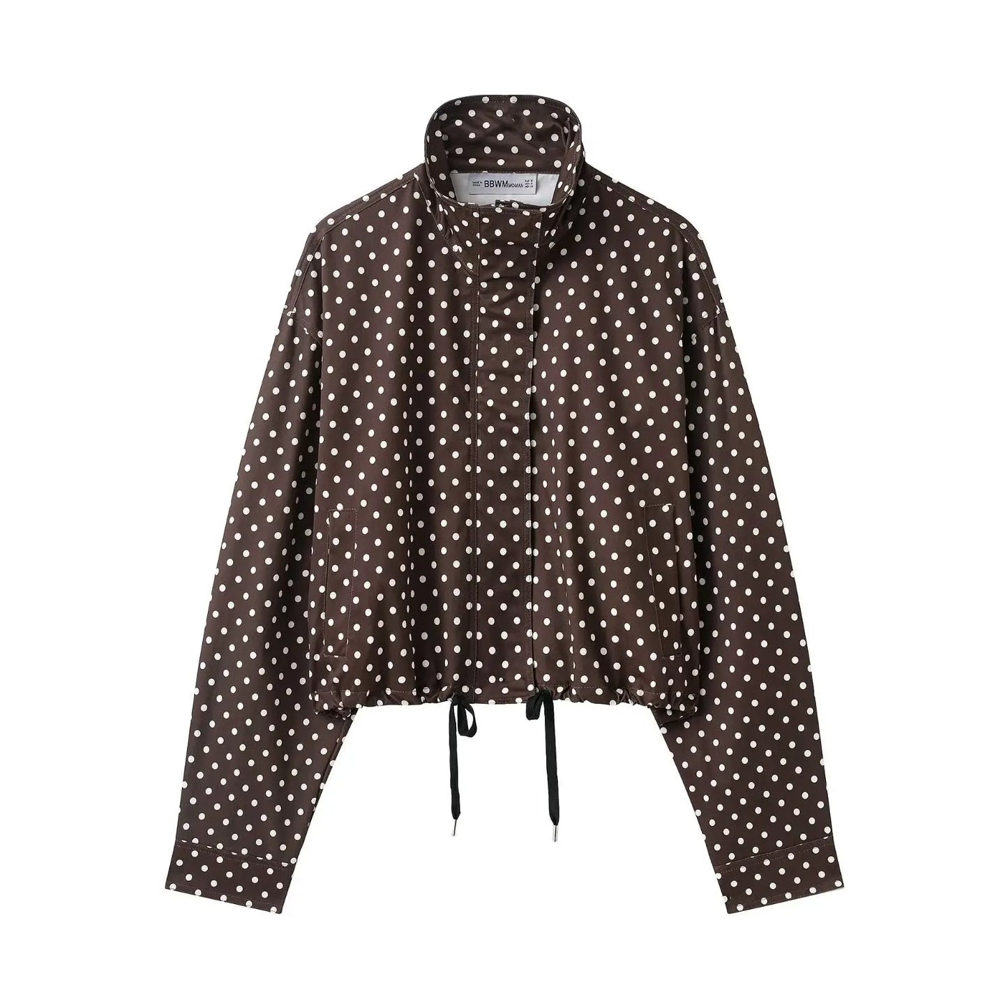 HH Fashion Women's Polka Dot Print Short Coats Autumn Long Sleeves Turtleneck Zipper With Pockets Drawstring Casual Jacket LadyShow.Store