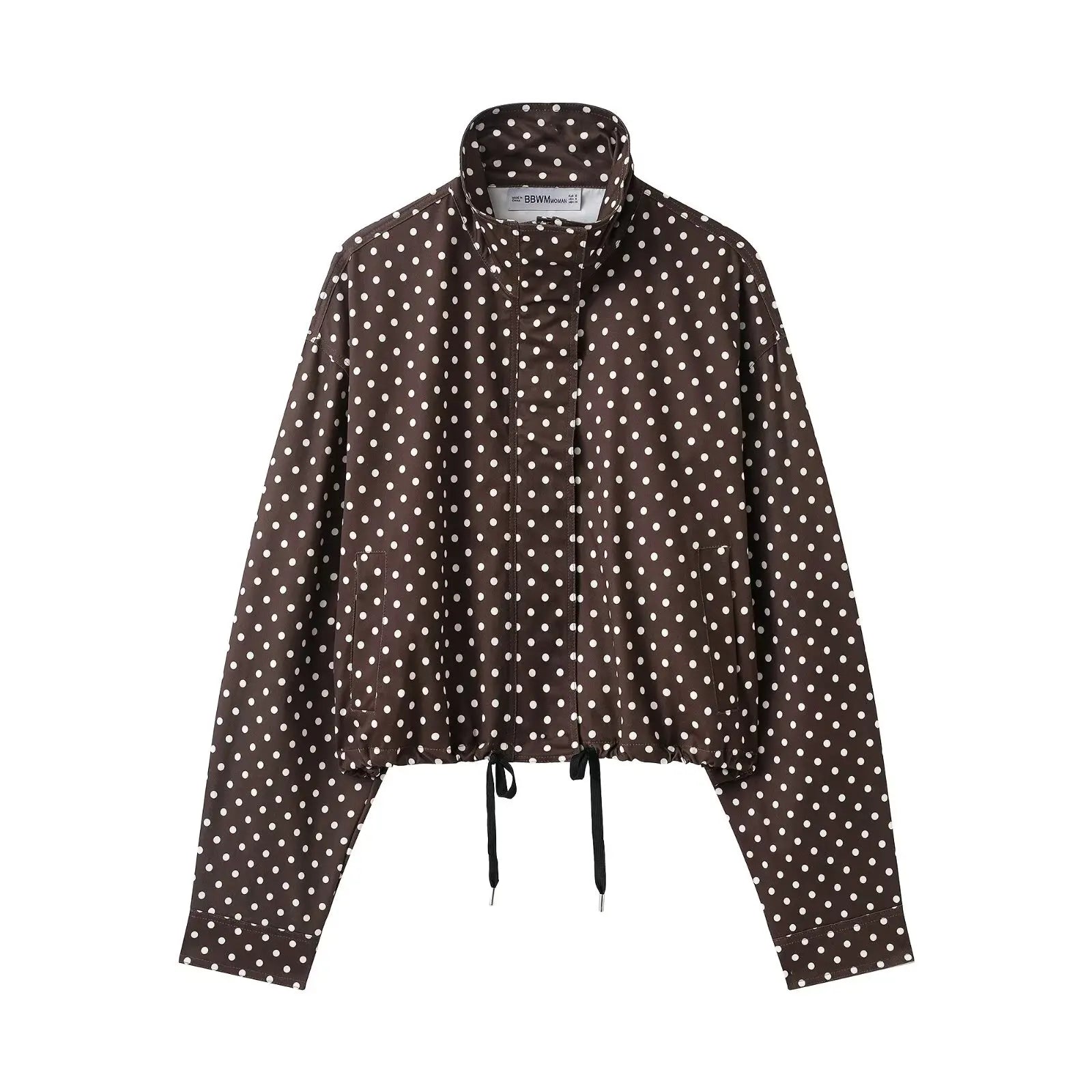 HH Fashion Women's Polka Dot Print Short Coats Autumn Long Sleeves Turtleneck Zipper With Pockets Drawstring Casual Jacket LadyShow.Store