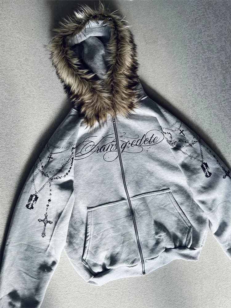 Winter Fashion Streetwear Women's Gothic Punk Faux Fur Hooded Jacket With Cross Print Trendy Edgy Zip - Up Sweatshirt 2026 New LadyShow.Store