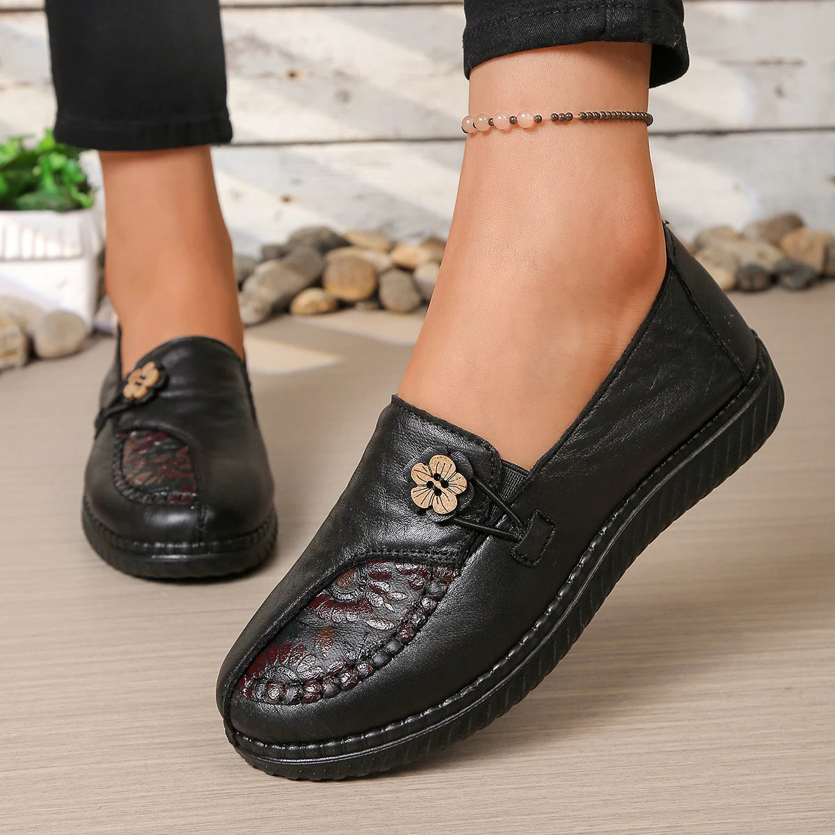 Women's Spring Autumn Leather Loafers Floral Embossed Slip‑On Flats Anti‑Slip Comfort Casual Mom Daily Walking Free Shipping Pi-Mart